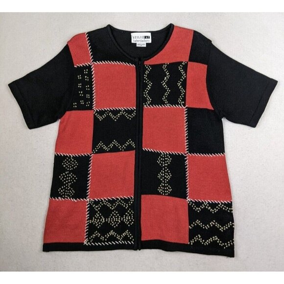 LESLIE FAY HABERDASHERY WOMEN'S BLACK & ORANGE SHORT SLEEVE FULL ZIP CARDIGAN M - Picture 1 of 6
